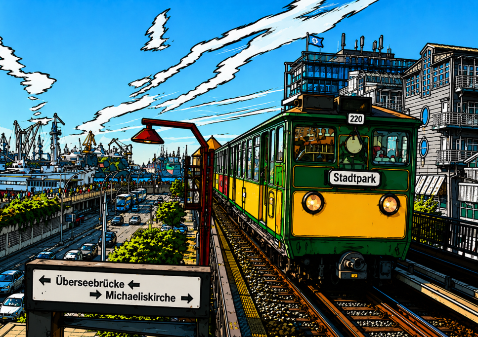 Bild Nr24 hist. Hochbahn Baumwall Karrikatur historische Hochbahn